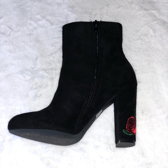 Fashion Nova Shoes - Black Suede Booties with Rose Detail